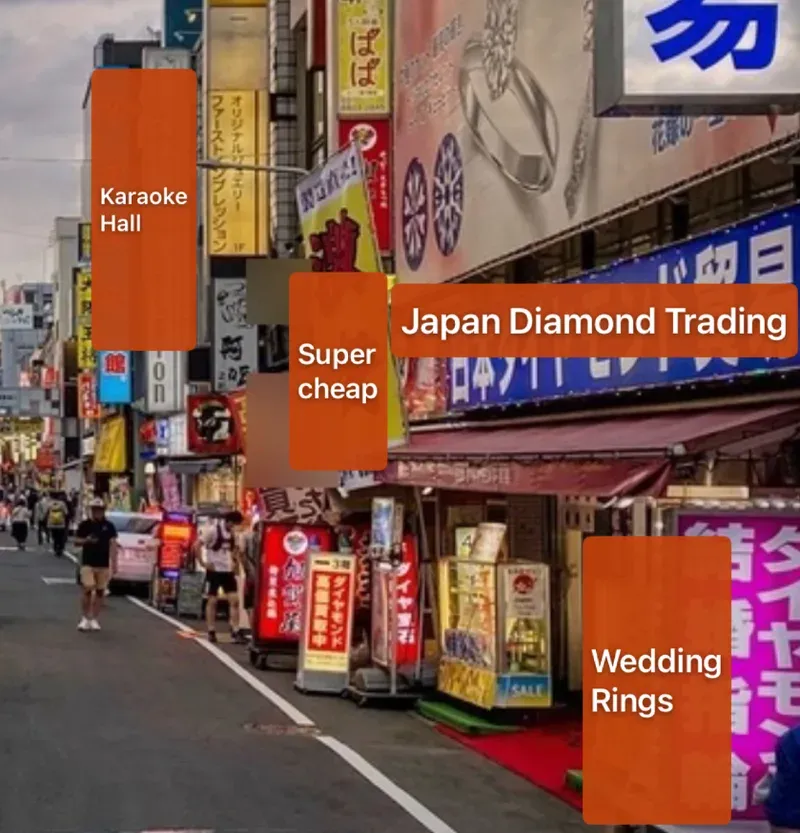 Flunqero's Camera mode on iPad pointed at a Japanese shopping street, with English labels on the signs: Karaoke Hall, Super cheap, Japan Diamond Trading and Wedding Rings.