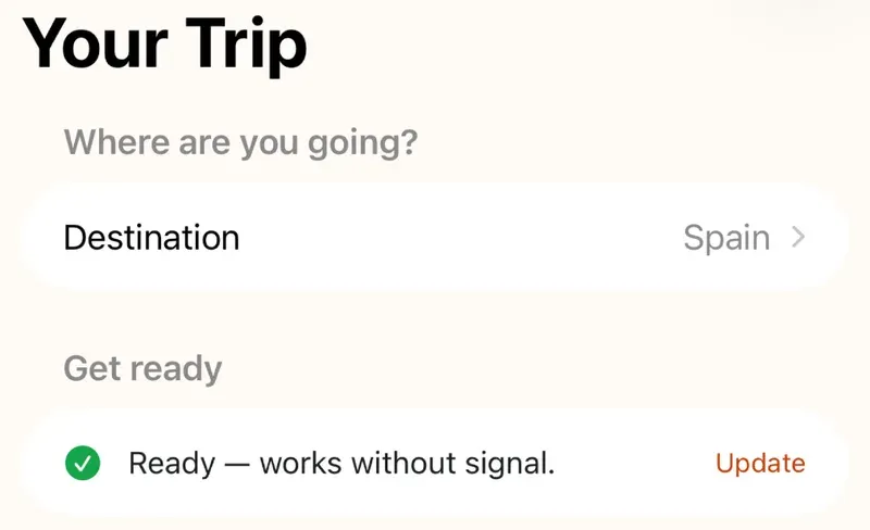 Flunqero's Trip tab on iPhone: destination Spain and, under Get ready, a green check reading "Ready — works without signal."